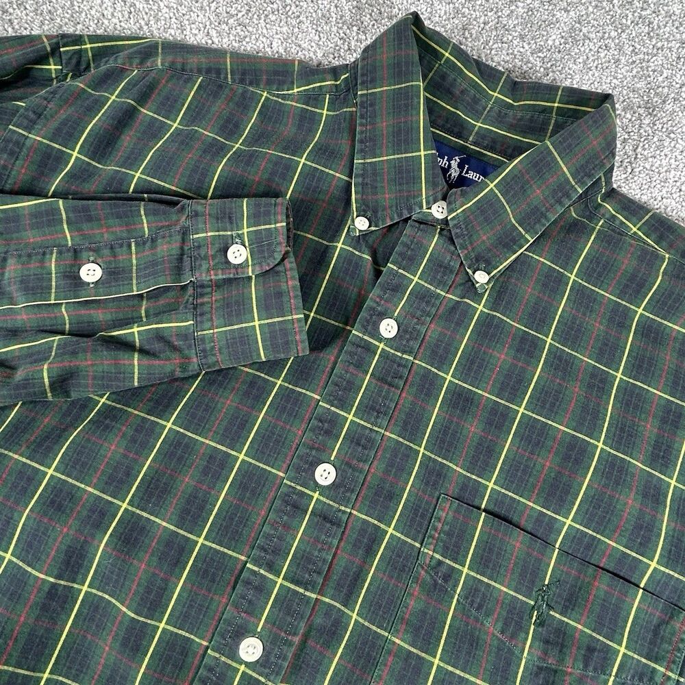Polo Ralph Lauren Men's Long Sleeve Shirt Size Lg Green Multicolor Plaid Madras
